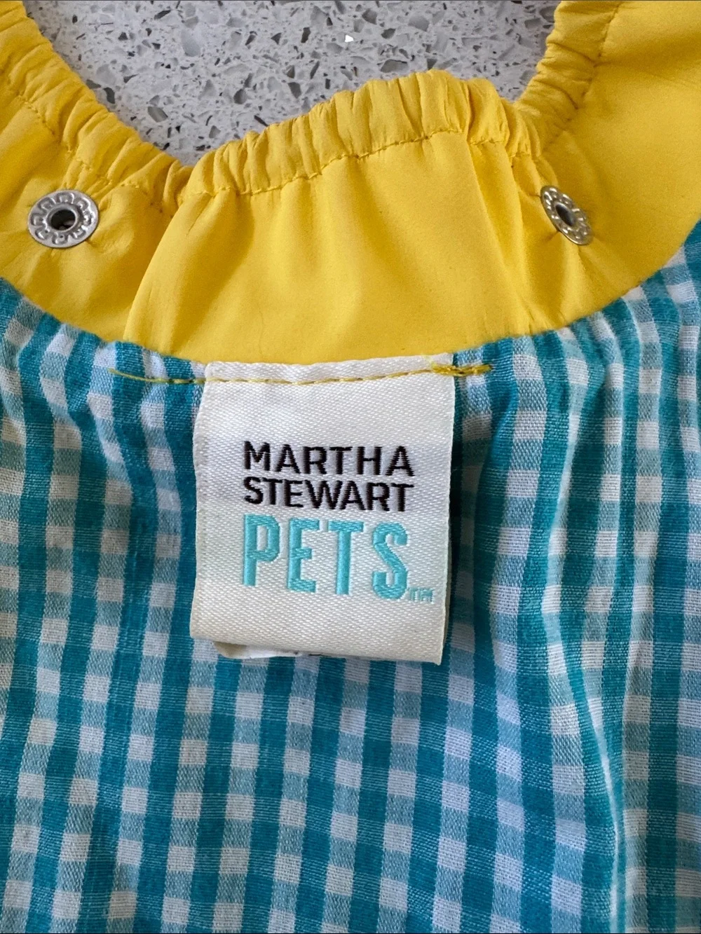 Martha Stewart Yellow exterior and Aqua Gingham lining  dog raincoat.